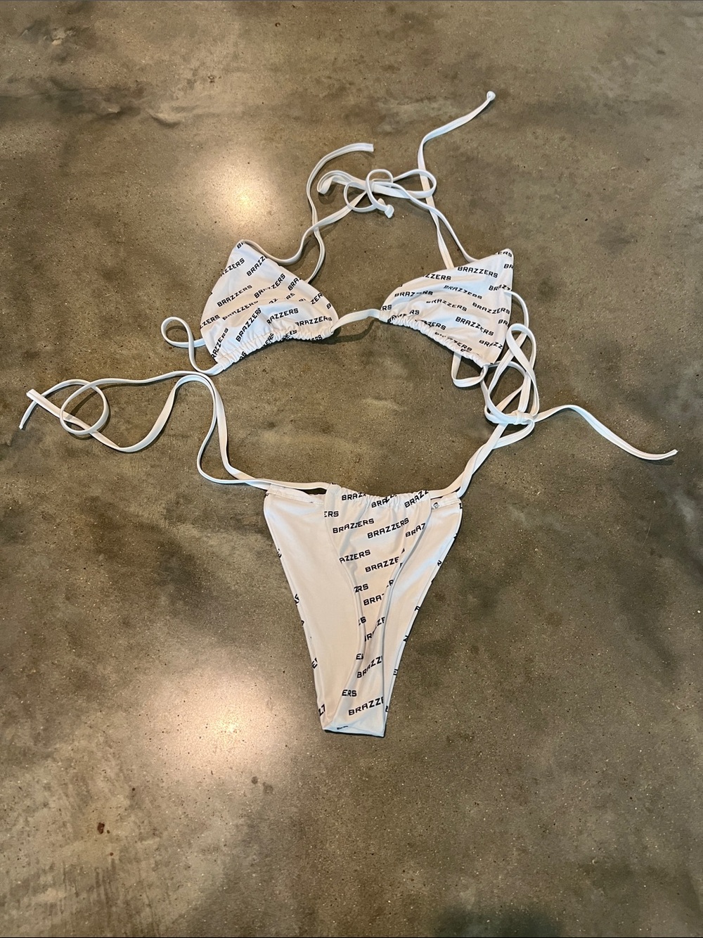 Brazzers White Logo Print Triangle Bikini Set